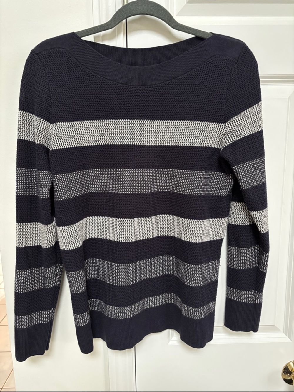 Market & Spruce Navy and White Striped Crew/Boatneck Sweater